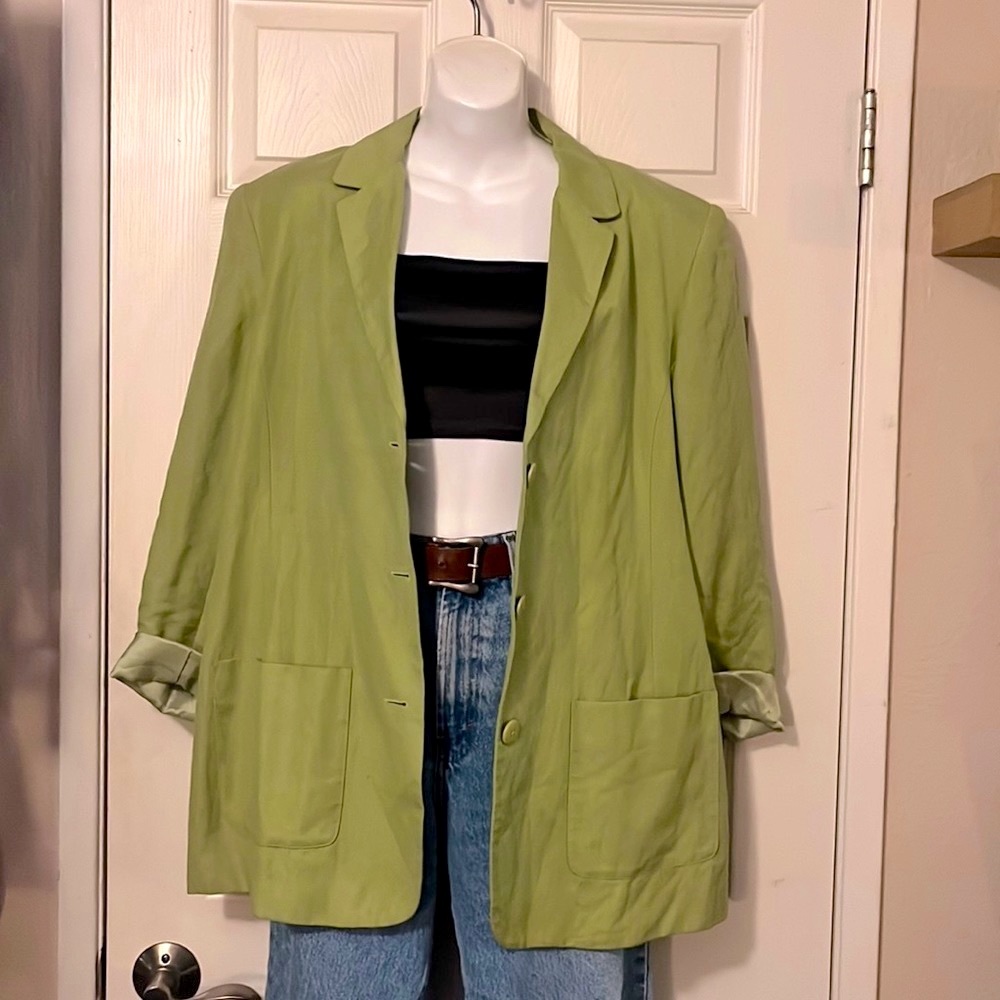 New York & Company Woman’s Chartreuse Linen Blend Notched Collar Boxy Blazer 14 - Picture 3 of 11